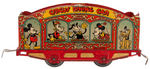 "LIONEL MICKEY MOUSE CIRCUS" TOY WIND-UP TRAIN WITH MICKEY CIRCUS BARKER FIGURE.