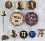 TAFT NINE CAMPAIGN ITEMS AND TWO ELKS “HELLO BILL” BUTTONS.