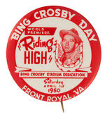 BING CROSBY WORLD PREMIER BUTTON.