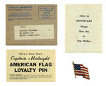 CAPTAIN MIDNIGHT AMERICAN FLAG LOYALTY PIN WITH PAPERS AND MAILER.