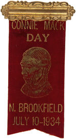 RARE PORTRAIT RIBBON BADGE FOR "CONNIE MACK DAY/N. BROOKFIELD/JULY 10-1934."