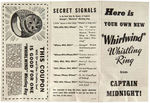 CAPTAIN MIDNIGHT "WHIRLWIND" WHISTLE RING WITH INSTRUCTIONS IN MAILER.