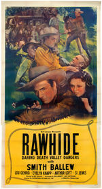 LOU GEHRIG "RAWHIDE" LINEN-MOUNTED THREE-SHEET WESTERN MOVIE POSTER.