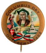"COLUMBUS DAY OCTOBER 12, 1492" CHOICE MULTICOLOR BUTTON.
