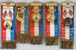 WASHINGTON CELLULOID PORTRAITS ON FIVE LARGE PATRIOTIC ORDER SONS OF AMERICA RIBBON BADGES.