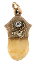 ELKS FRATERNAL WATCH CHAIN CHARMS OF ELK'S TEETH IN GOLD MOUNTS.