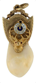 ELKS FRATERNAL WATCH CHAIN CHARMS OF ELK'S TEETH IN GOLD MOUNTS.