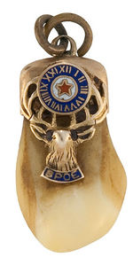 ELKS FRATERNAL WATCH CHAIN CHARMS OF ELK'S TEETH IN GOLD MOUNTS.