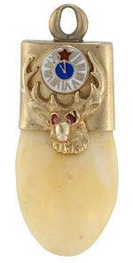 ELKS FRATERNAL WATCH CHAIN CHARMS OF ELK'S TEETH IN GOLD MOUNTS.