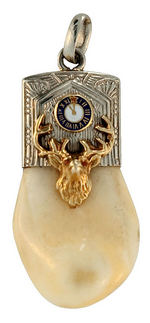 ELKS FRATERNAL WATCH CHAIN CHARMS OF ELK'S TEETH IN GOLD MOUNTS.