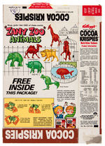 KELLOGG'S "COCOA KRISPIES" CEREAL BOX WITH ZANY ZOO ANIMAL PREMIUMS.