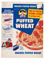 QUAKER "PUFFED WHEAT" CERAL BOX FLAT WITH SGT. PRESTON COLORING BACK & PREMIUM LOT.