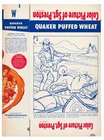 QUAKER "PUFFED WHEAT" CERAL BOX FLAT WITH SGT. PRESTON COLORING BACK & PREMIUM LOT.