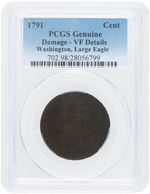 CENT WASHINGTON LARGE EAGLE 1791 PCGS GENUINE DAMAGE - VF DETAILS.