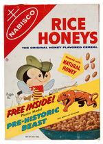 NABISCO "RICE HONEYS" CEREAL BOX WITH PRE-HISTORIC BEAST PREMIUMS.