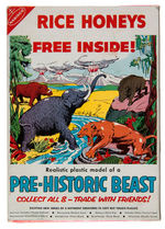 NABISCO "RICE HONEYS" CEREAL BOX WITH PRE-HISTORIC BEAST PREMIUMS.