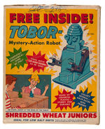 NABISCO "SHREDDED WHEAT JUNIORS" CEREAL BOX WITH TOBOR ROBOT PREMIUM.