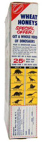 NABISCO "WHEAT HONEYS" CEREAL BOX WITH DINOSAUR/DINOSAUR GUIDE PREMIUMS.