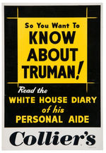 COLLIER’S MAGAZINE SIGN C. 1950 PROMOTING ARTICLE “SO YOU WANT TO KNOW ABOUT TRUMAN!”