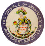 "ELK'S CARNIVAL & 10TH ANNIVERSARY" LARGE AND COLORFUL 1901 BUTTON.