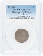 5C BUFFALO NICKEL 1913-S PCGS GENUINE CLEANING - XF DETAILS TYPE 2.