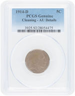 5C BUFFALO NICKEL 1914-D PCGS GENUINE CLEANING - AU DETAILS.