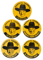 HOPALONG CASSIDY FIVE BUTTONS WITH DAIRY SPONSOR NAMES FROM THE HAKE COLLECTION.