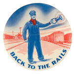 "BACK TO THE RAILS" 3" BUTTON CIRCA 1940s.