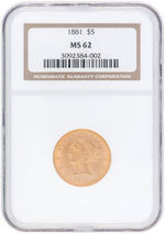 $5 LIBERTY HEAD 1881 GOLD COIN NGC MS62.