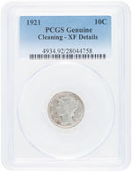 10C MERCURY DIME 1921 PCGS GENUINE CLEANING - XF DETAILS.