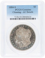 $1 MORGAN 1884-S SILVER DOLLAR PCGS GENUINE CLEANING - AU DETAILS.