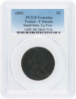 1C "DRAPED BUST" 1803 CENT PCGS GENUINE TOOLED - F DETAILS SMALL DATE, LG FRAC.