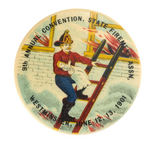 FIREMAN RESCUES CHILD ON THIS COLORFUL DYNAMIC 1901 CONVENTION BUTTON.