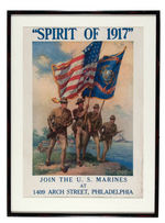 WORLD WAR I "SPIRIT OF 1917" FRAMED US MARINES RECRUITMENT POSTER.