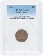 1C "FLYING EAGLE" 1858 CENT PCGS AU58 SMALL LETTERS.