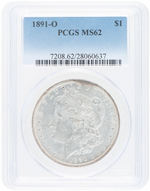 $1 MORGAN 1891-O SILVER DOLLAR PCGS MS62.