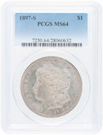 $1 MORGAN 1897-S SILVER DOLLAR PCGS MS64.