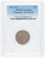 5C BUFFALO NICKEL 1917-D PCGS GENUINE CLEANING - AU DETAILS.