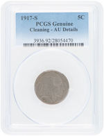 5C BUFFALO NICKEL 1917-S PCGS GENUINE CLEANING - AU DETAILS.