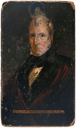 "WILLIAM HENRY HARRISON OF OHIO" PAINTED PORTRAIT ON HINGED LID PAPIER-MACHE BOX.