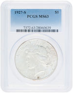 $1 PEACE 1927-S SILVER DOLLAR PCGS MS63.