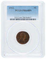 1C LINCOLN PENNY 1912 PCGS PR64BN.