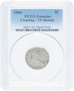 5C LIBERTY HEAD NICKEL 1886 PCGS GENUINE CLEANING - VF DETAILS.