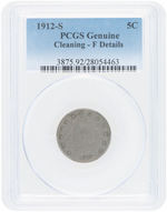 5C LIBERTY HEAD NICKEL 1912-S PCGS GENUINE CLEANING - F DETAILS.