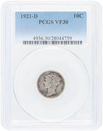 10C MERCURY DIME 1921-D PCGS VF30.