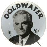 "GOLDWATER IN '64" BLACK ON SILVER SCARCE LITHO BUTTON.