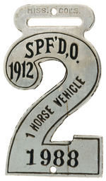 SPRINGFIELD OHIO "1912" METAL LICENSE FOR "1 HORSE VEHICLE."