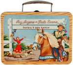 "ROY ROGERS AND DALE EVANS – DOUBLE R BAR RANCH" METAL LUNCH BOX WITH WOODGRAIN DESIGN AND THERMOS.