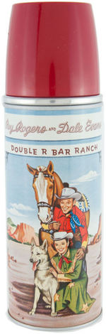 "ROY ROGERS AND DALE EVANS – DOUBLE R BAR RANCH" METAL LUNCH BOX WITH WOODGRAIN DESIGN AND THERMOS.