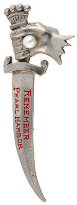 "REMEMBER PEARL HARBOR" RARE PIN WITH PEARL ON HAND HOLDING DAGGER TO AVENGE JAPAN'S ATTACK.